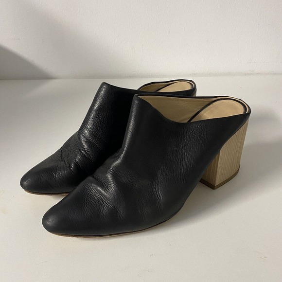 The Shoe Box Black Slip On Leather Almond Toe Mule Block 3" Heel Pump 38 - Picture 4 of 9